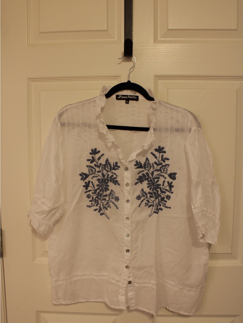 JP and Mattie Button-Front Top with Blue Floral Embroidery